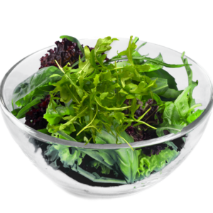 Fresh mixed greens including arugula in a clear salad bowl against a white background.