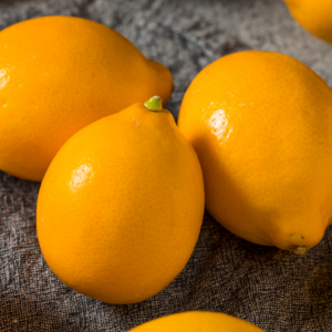 Article: Growing Lemon Trees. Pic - "Vibrant Meyer lemons clustered on a textured grey fabric.