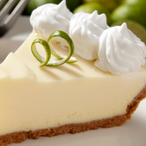A creamy slice of key lime pie topped with whipped cream and a twist of lime zest.