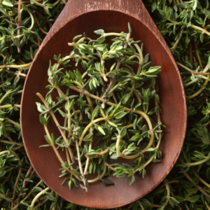 Sprigs of fresh thyme are nestled in a wooden spoon, set against a backdrop of more thyme, ready for culinary use