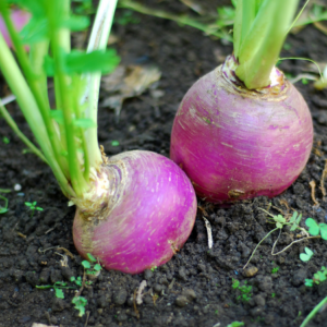 Fresh purple turnips growing in rich, dark soil, with visible roots and vibrant green stems.