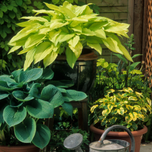 An assortment of hosta plants in containers, displaying various shades and leaf patterns, next to a watering can.