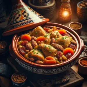 A traditional Moroccan chicken tagine, garnished with apricots and almonds, served in a decorative clay pot.