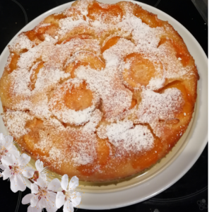 Apricot upside-down cake sprinkled with powdered sugar on a plate, adorned with apricot blossoms.