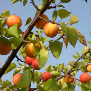  Ripe apricots hanging on a branch against a clear blue sky, surrounded by green leaves.