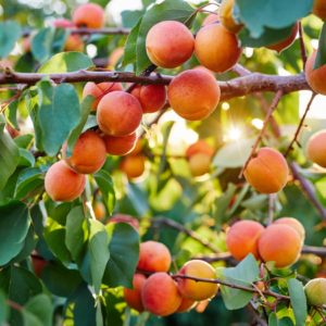 Article: Grow Apricot trees in Pots. Pic - Sunlit apricots ripening on a branch, with a sunburst peeking through the leaves.