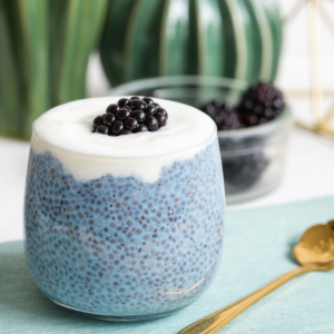 Article:Blackberry Companion Plants. Pic - A glass of blackberry chia pudding topped with fresh blackberries and yogurt, set against a modern kitchen backdrop with a plant.