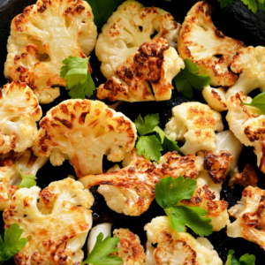 Article: Cauliflower companion planting. Pic - Close-up of roasted cauliflower florets garnished with fresh parsley on a baking tray.