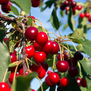 Article: Growing Cherry Trees In Pots - Everything You Need To Know. Pic - Close-up view of ripe, glossy red cherries hanging from branches with lush green leaves against a clear blue sky.