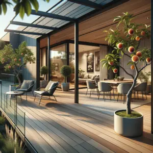 A modern deck with sleek outdoor furniture and nectarine trees in pots, extending from the living area of a house with large sliding glass doors.