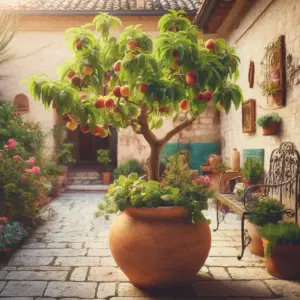 A nectarine tree growing in a large terracotta pot in a rustic Mediterranean courtyard with stone paving and colorful flowers.