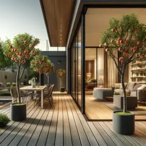 A modern deck with stylish furniture and nectarine trees in pots, extending from the living area of a house with large sliding glass doors.