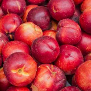 A close-up view of a pile of ripe nectarines, showcasing their vibrant red and orange hues.