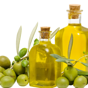 Two glass bottles of olive oil with cork stoppers, surrounded by fresh green olives and olive branches with leaves.