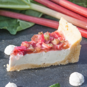 Article: Rhubarb Companion Plants. Pic - A slice of creamy rhubarb tart with a vibrant pink rhubarb topping, garnished with fresh rhubarb stalks and green leaves on a dark slate background.