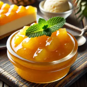 A golden pineapple topping with chunks of fruit in a glass bowl, garnished with a sprig of mint, placed on a wooden table alongside cheesecake and vanilla ice cream drizzled with the topping.